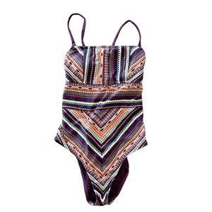 Mossimo Tribal Burgundy One Piece Swimsuit Lace Up Back Size Large